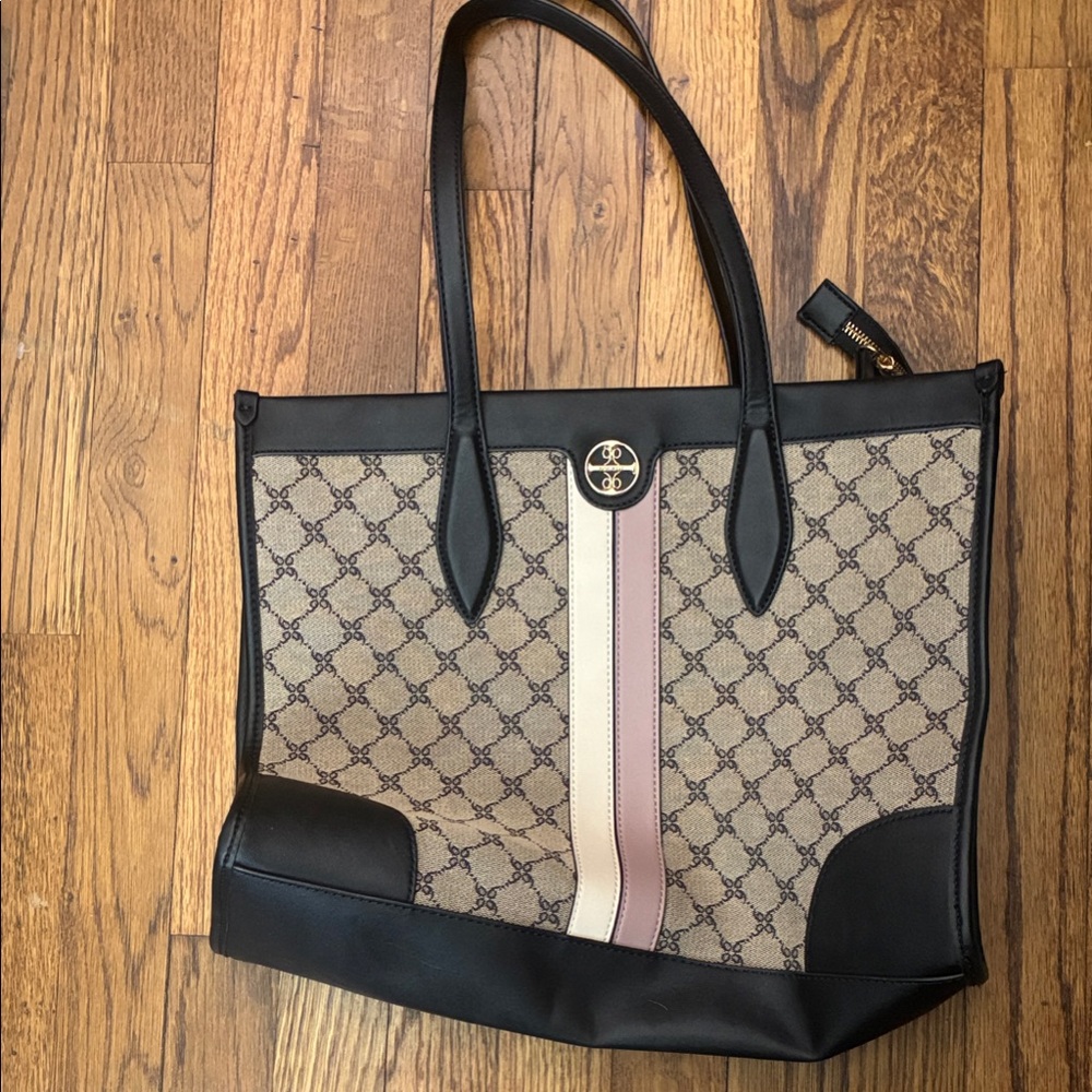 Nine West Black and Cream Tote Bag with Pink Accent